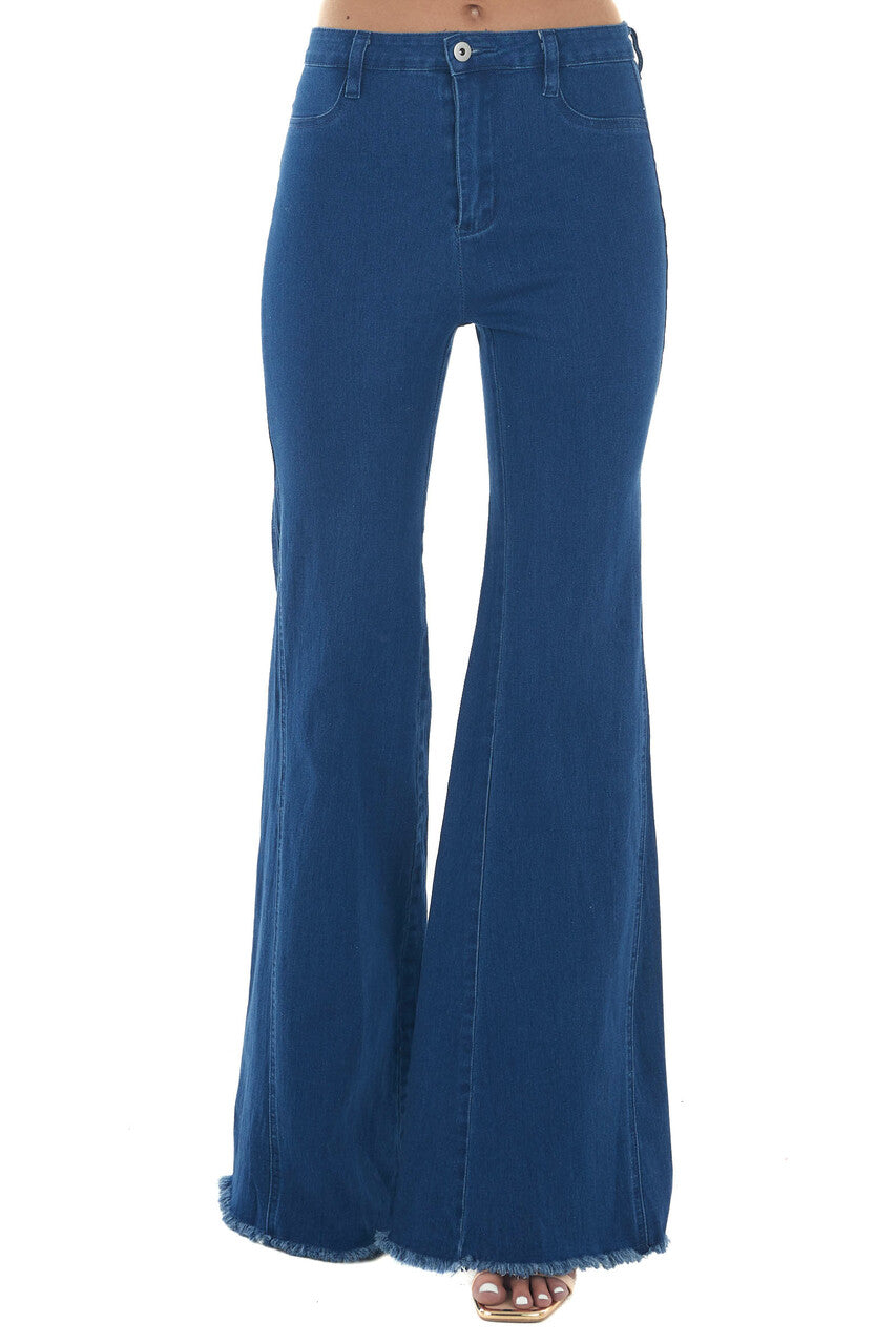 Dark Wash High Rise Frayed Hem Flare Jeans 