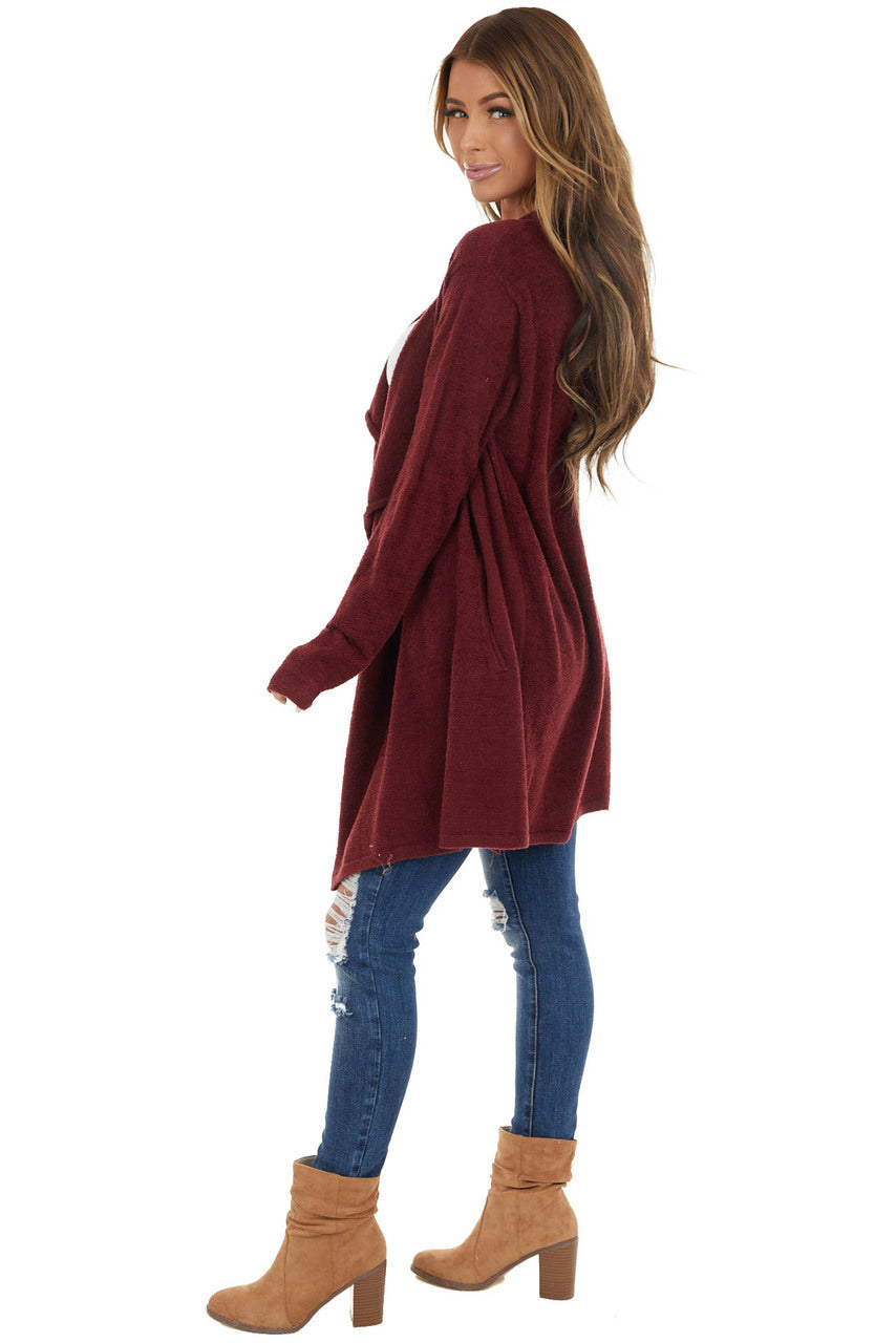 Wine Super Soft Fuzzy Open Front Cardigan with Pockets