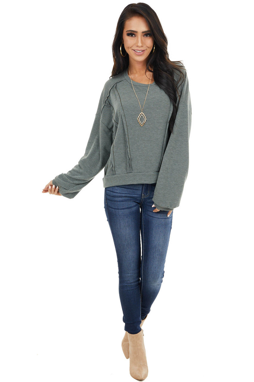 Faded Olive Stretchy Long Sleeve Top with Raw Edge Details