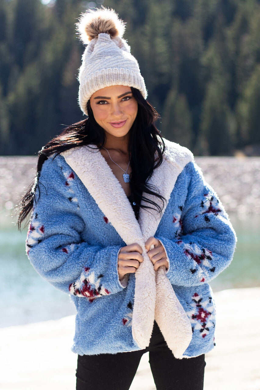 Powder Blue Aztec Reversible Sherpa Jacket 