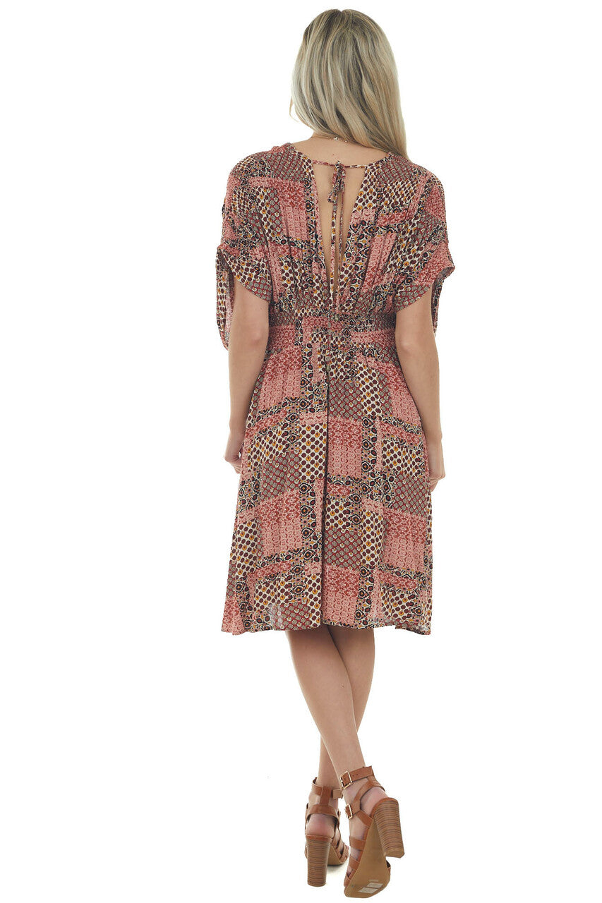 Rust Floral Print Plunging V Neck Short Dress