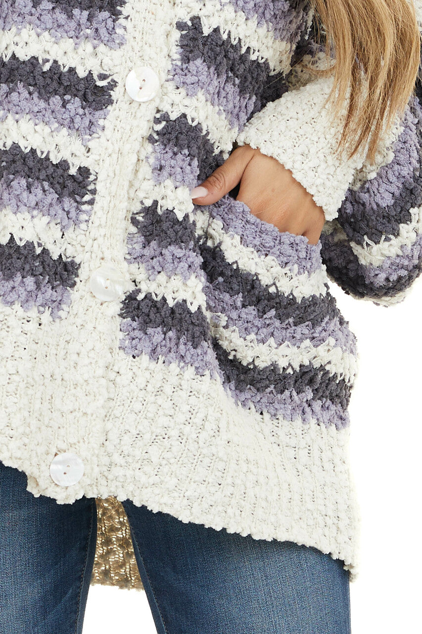 Charcoal and Periwinkle Chunky Knit Button Up Cardigan 