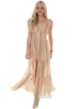 Ivory Multicolor Striped Tiered Maxi Dress