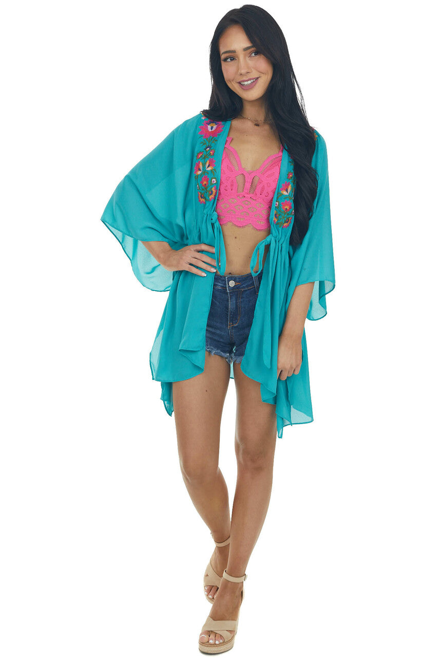 Jungle Green Floral Embroidered Waist Tie Kimono