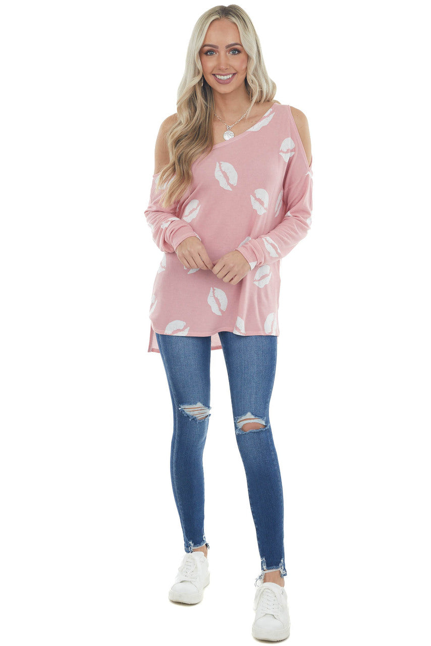 Light Punch Lip Print Off the Shoulder Top