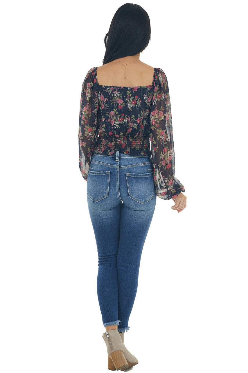Dark Navy Floral Sheer Bubble Sleeve Crop Top