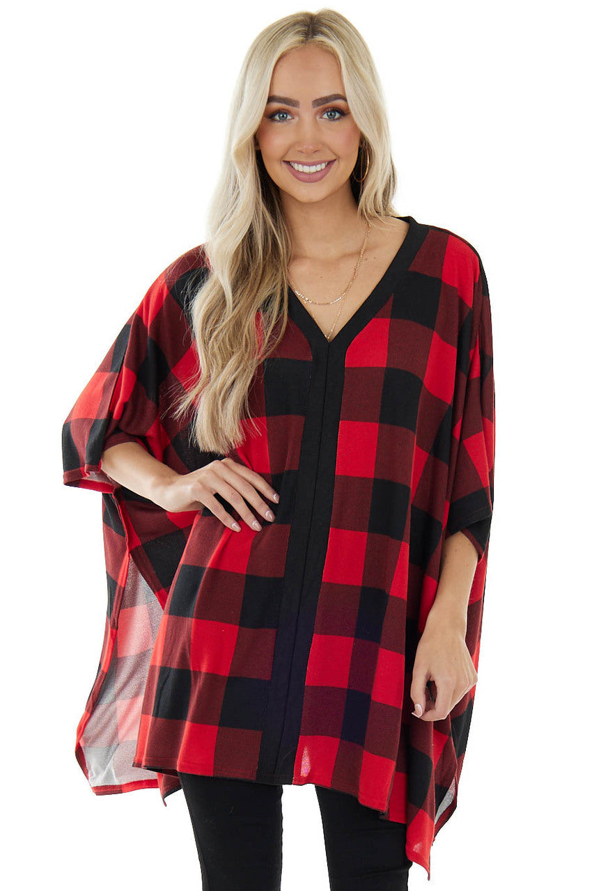 Pomegranate Buffalo Plaid V Neck Poncho Top 