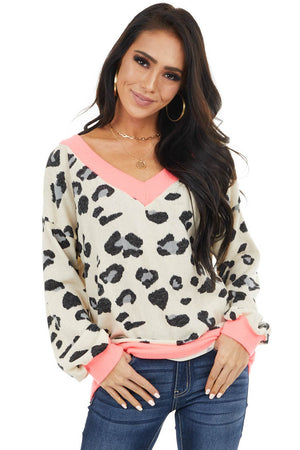Ivory Leopard Print Long Sleeve Top with Contrast Trim