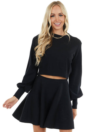Black Cropped Knit Sweater Top with Long Bubble Sleeves