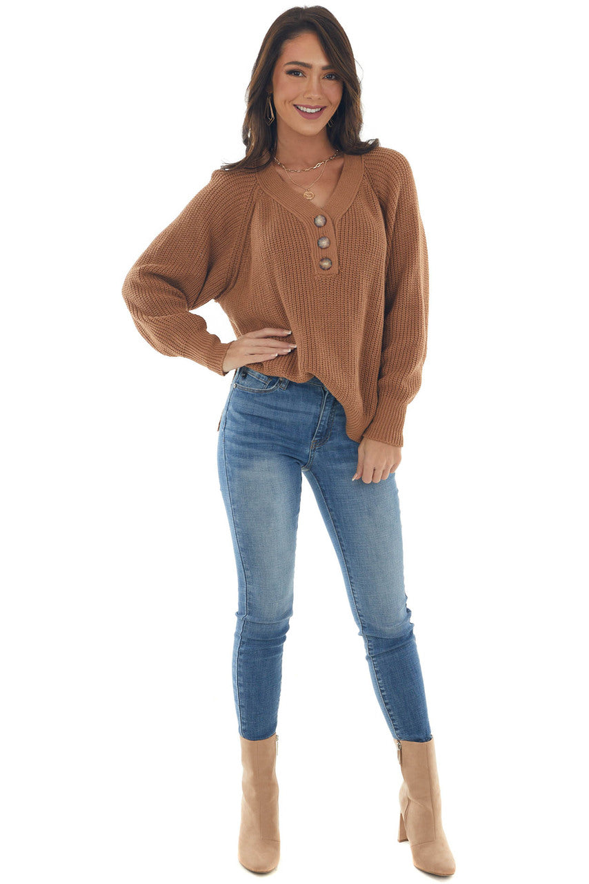 Cognac Long Sleeve Henley Knit Sweater 