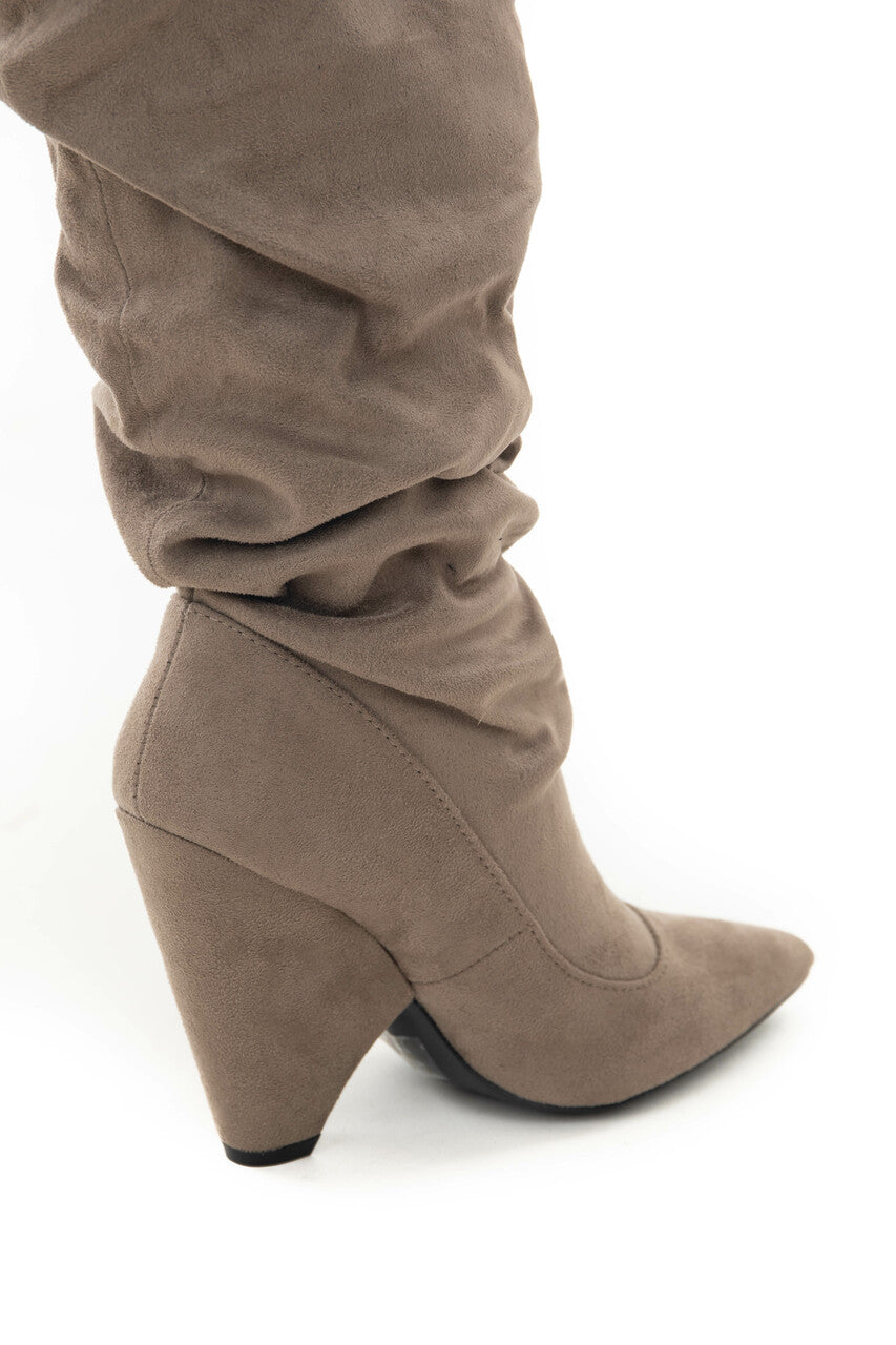 Khaki Suede Knee High Slouchy Heeled Boots