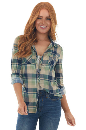 Pistachio and Navy Plaid Top with Chest Pocket 