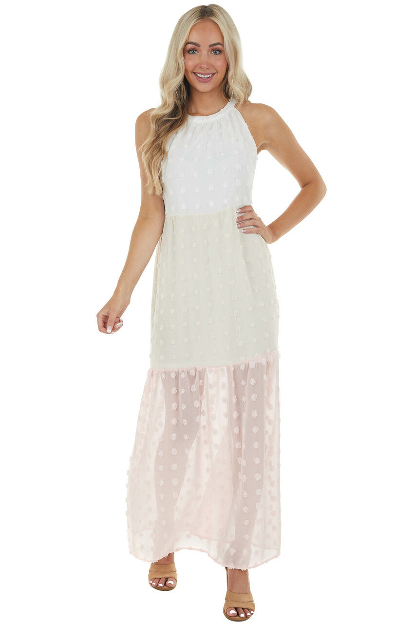 Ivory Colorblock Swiss Dot Maxi Dress