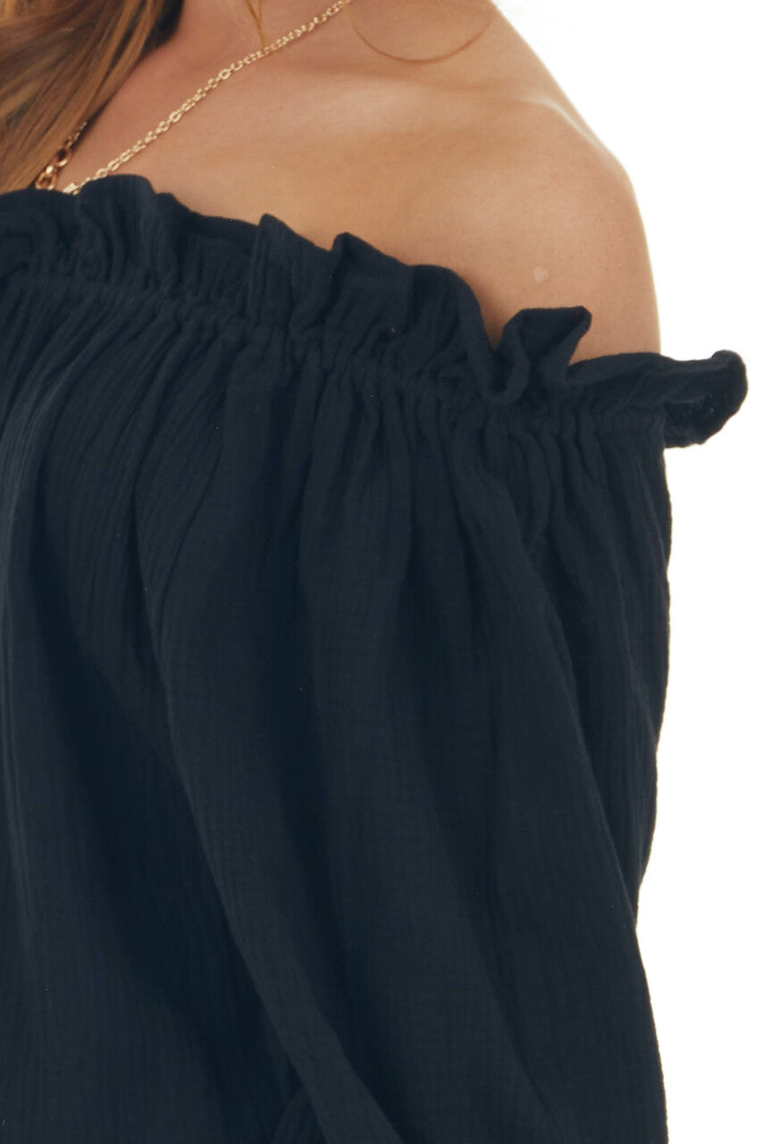 Black Textured Off Shoulder Frill Blouse