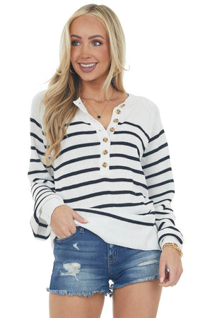Off White Striped Half Button Up Knit Sweater