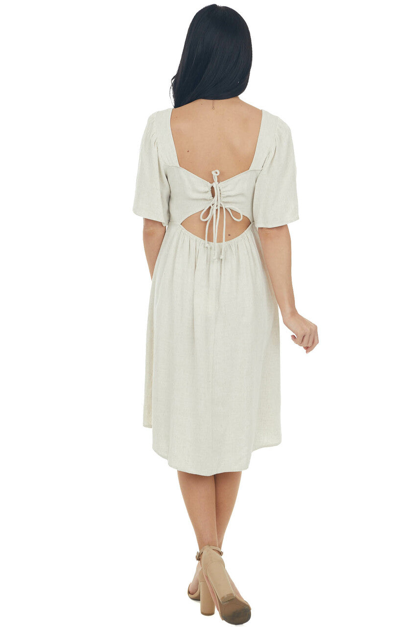 Oatmeal Smocked Flutter Sleeve Linen Dress