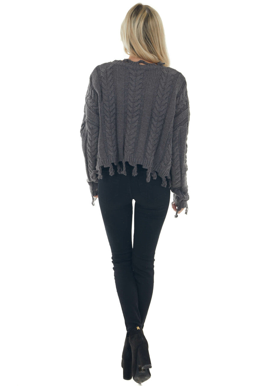 Charcoal Cable Knit Tassel Edge Sweater