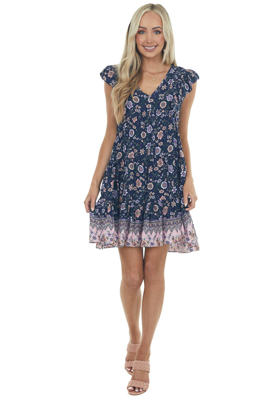 Navy Floral Print V Neck Tiered Short Dress
