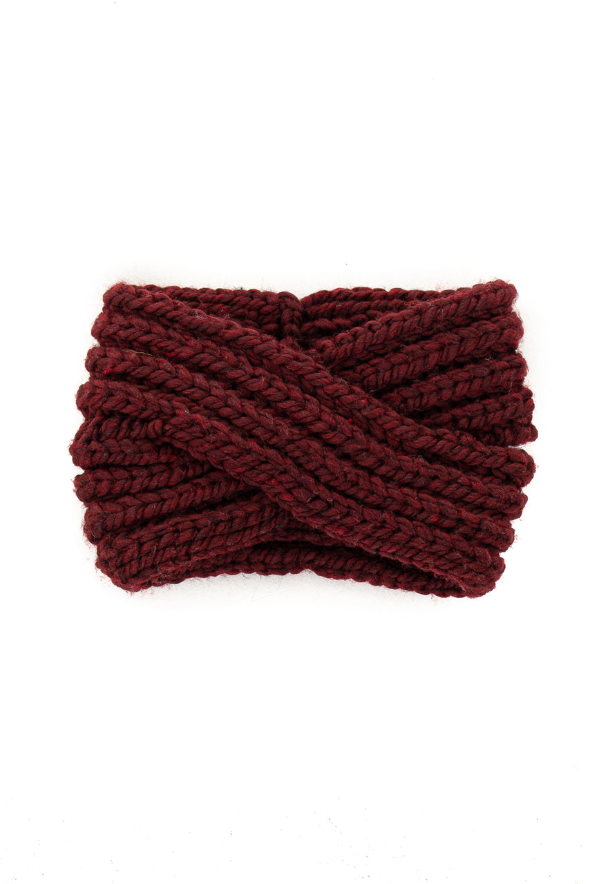 Burgundy Crochet Knit Headband with Front Criss Cross Detail