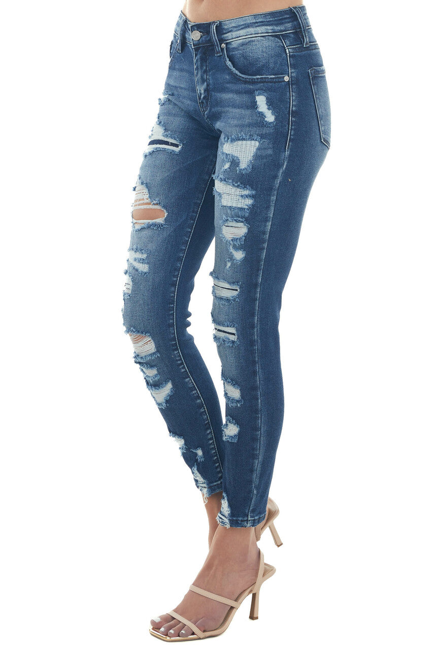 Dark Mid Rise Distressed Ankle Skinny Jeans