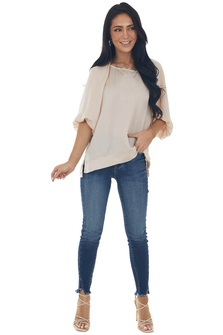 Tea Rose Puff Sleeve Blouse with Side Slits 