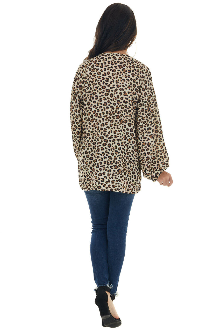 Beige Leopard Print Long Puff Sleeve Woven Top