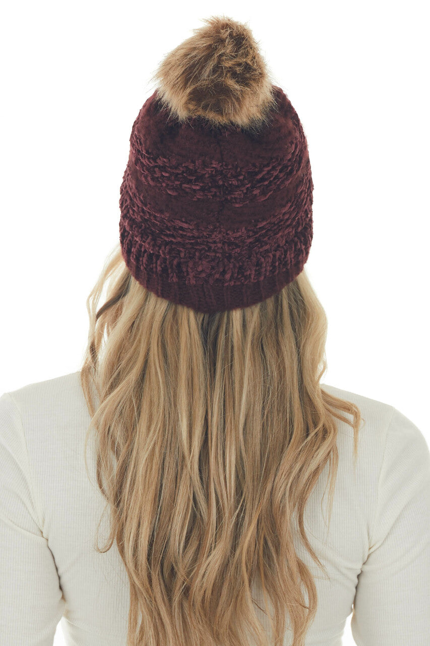 Mahogany and Rosewood Striped Pom Pom Beanie