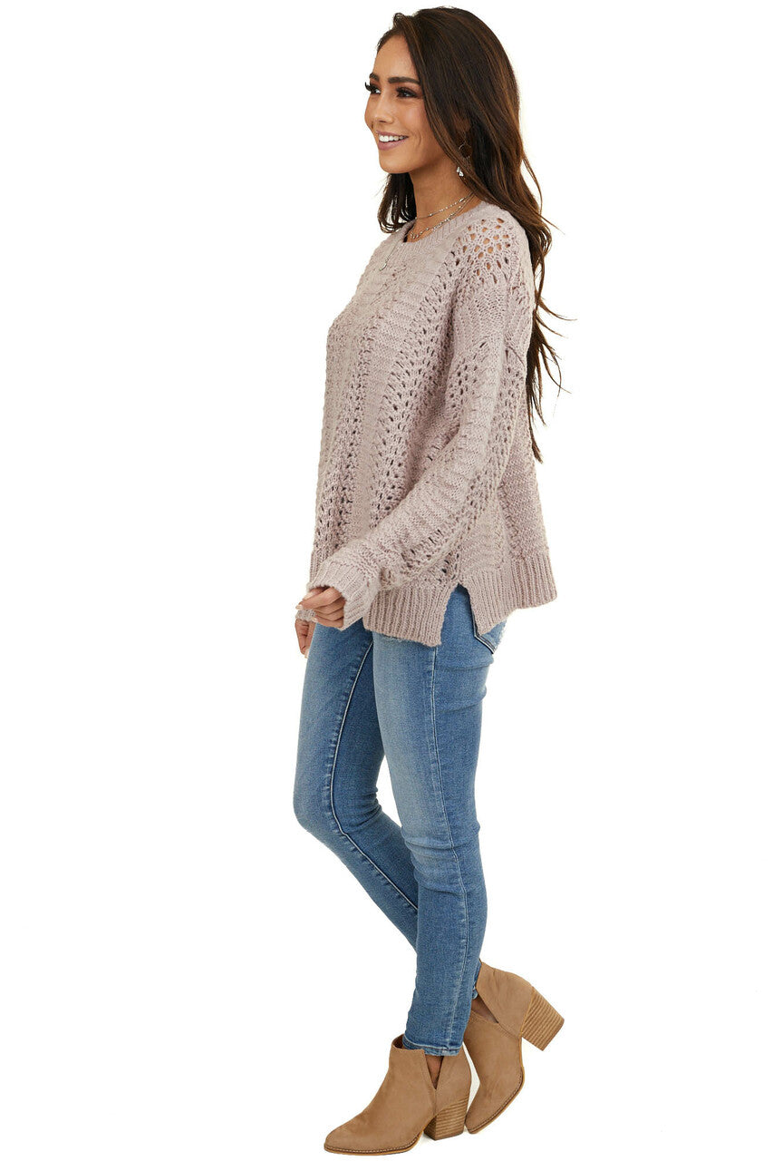 Light Mauve Loose Knit Fuzzy Sweater with Ribbed Trim