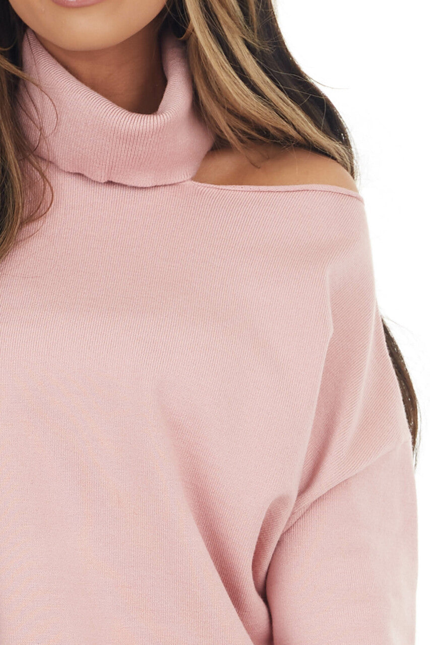 Baby Pink Turtleneck Knit Top with Single Shoulder Cutout