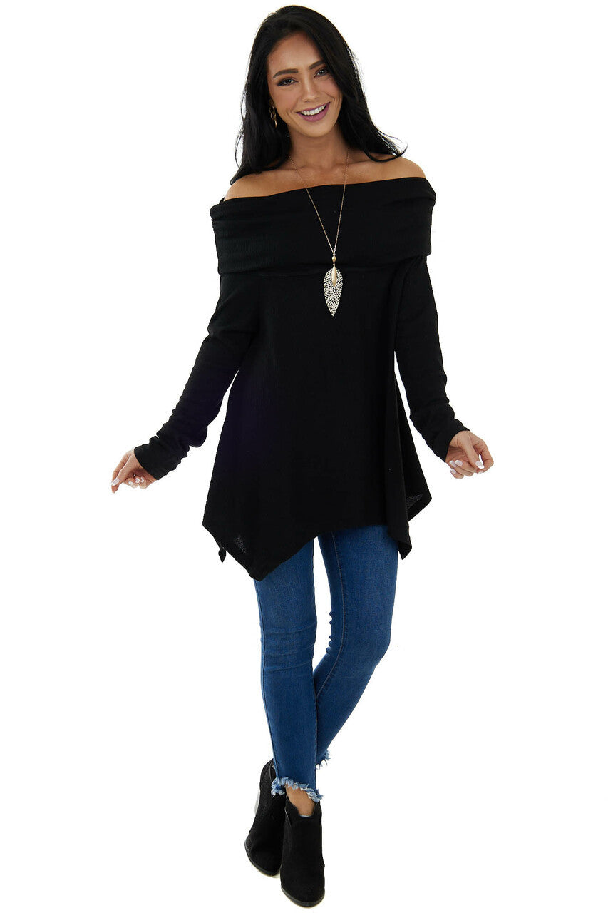 Black Thermal Knit Folded Off Shoulder Top 