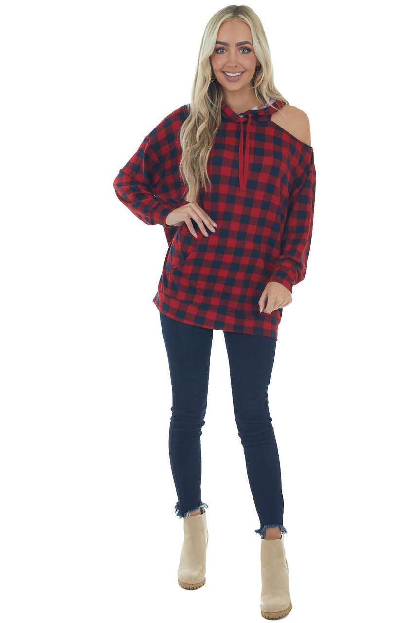 Cranberry Checkered Plaid Cold Shoulder Hoodie 