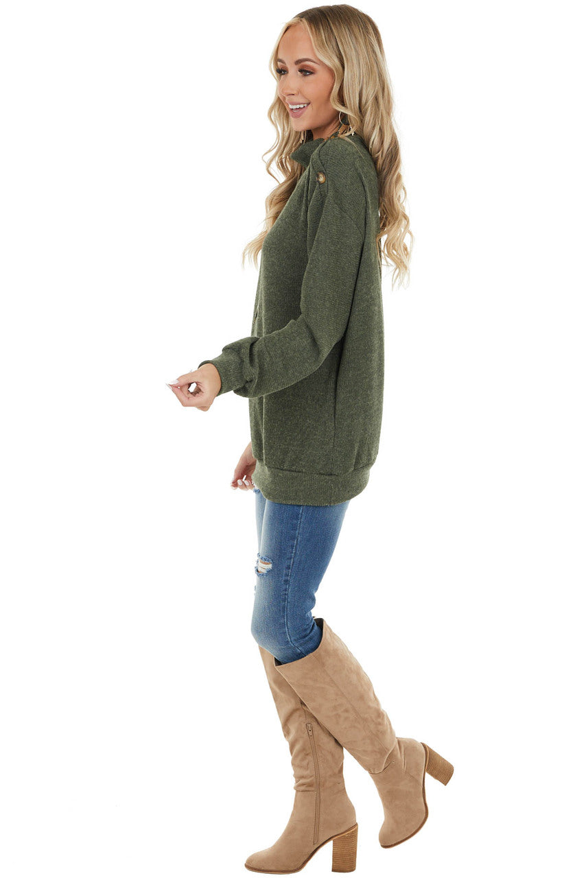 Olive Ribbed Knit Top with Mock Neck and Buttons