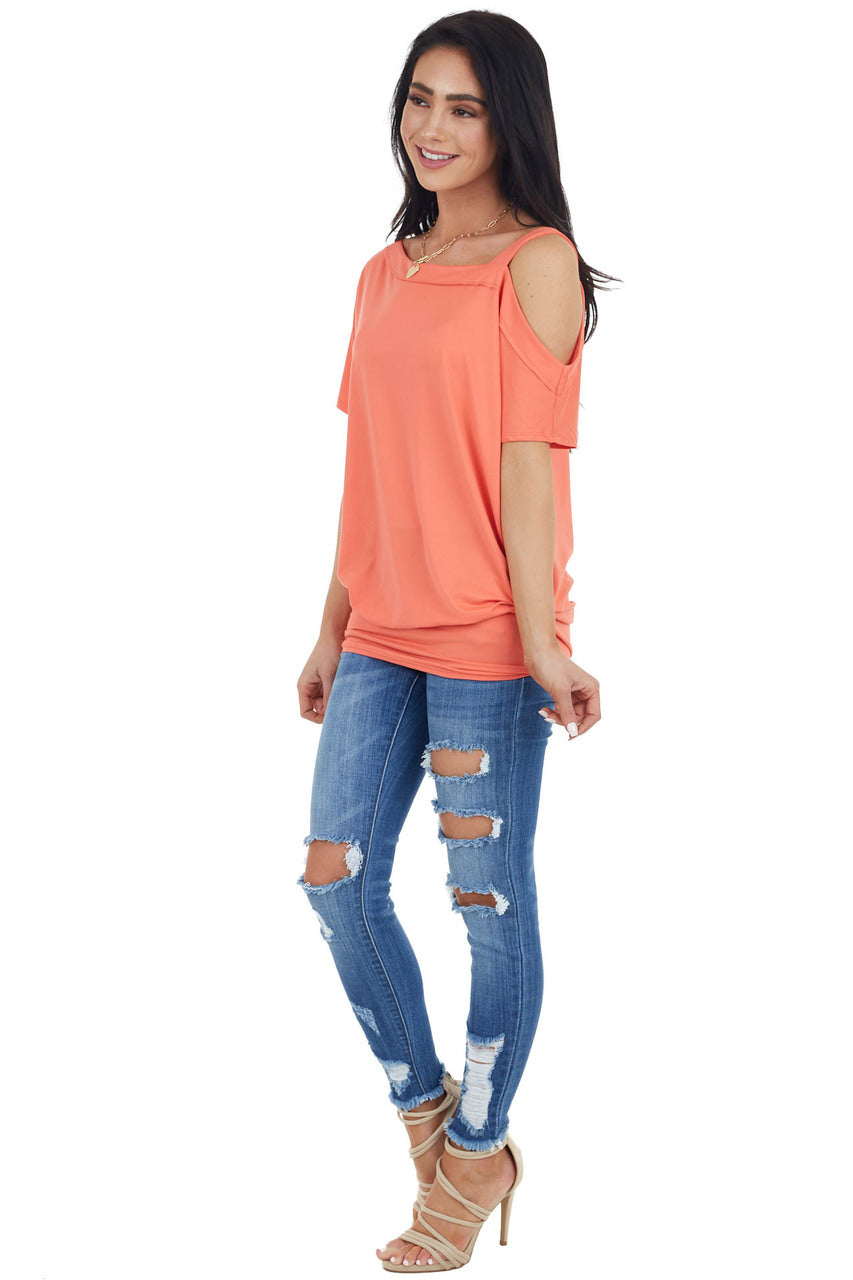 Bright Coral Knit Tunic Top with Single Cold Shoulder 