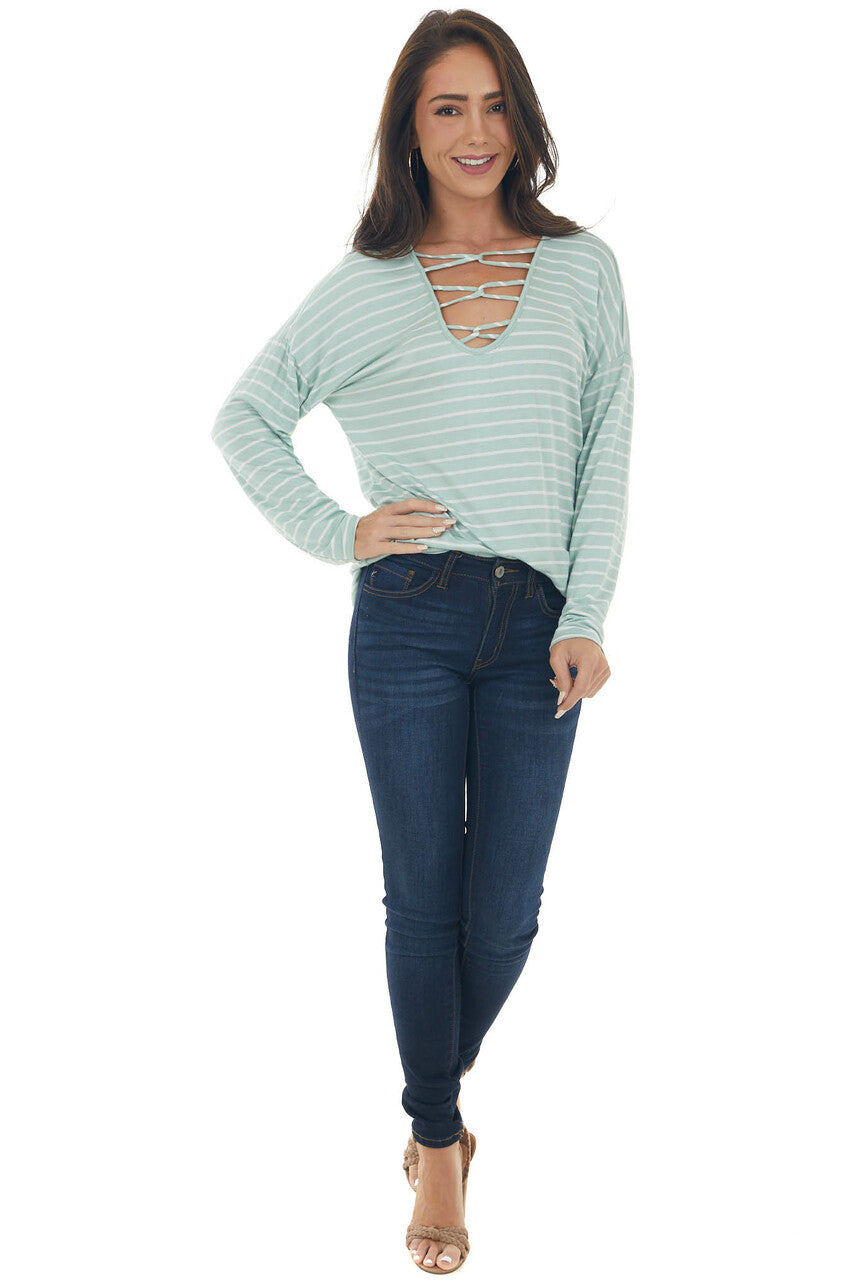 Mint Striped Criss Cross Strap Neck Knit Top 