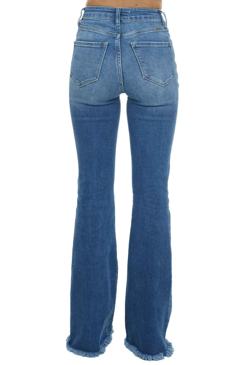 Medium Wash High Rise Frayed Hem Flare Jeans