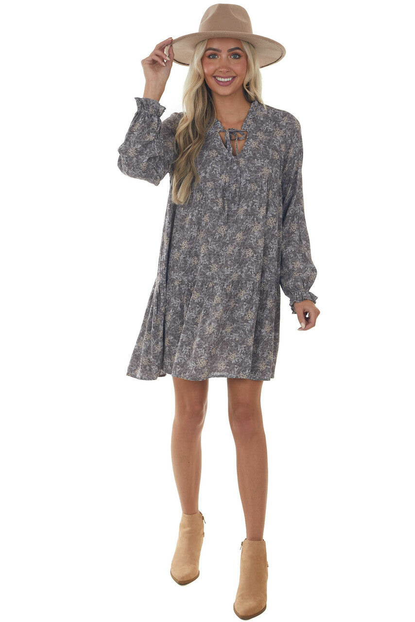 Steel Grey Floral Print Long Sleeve Mini Dress