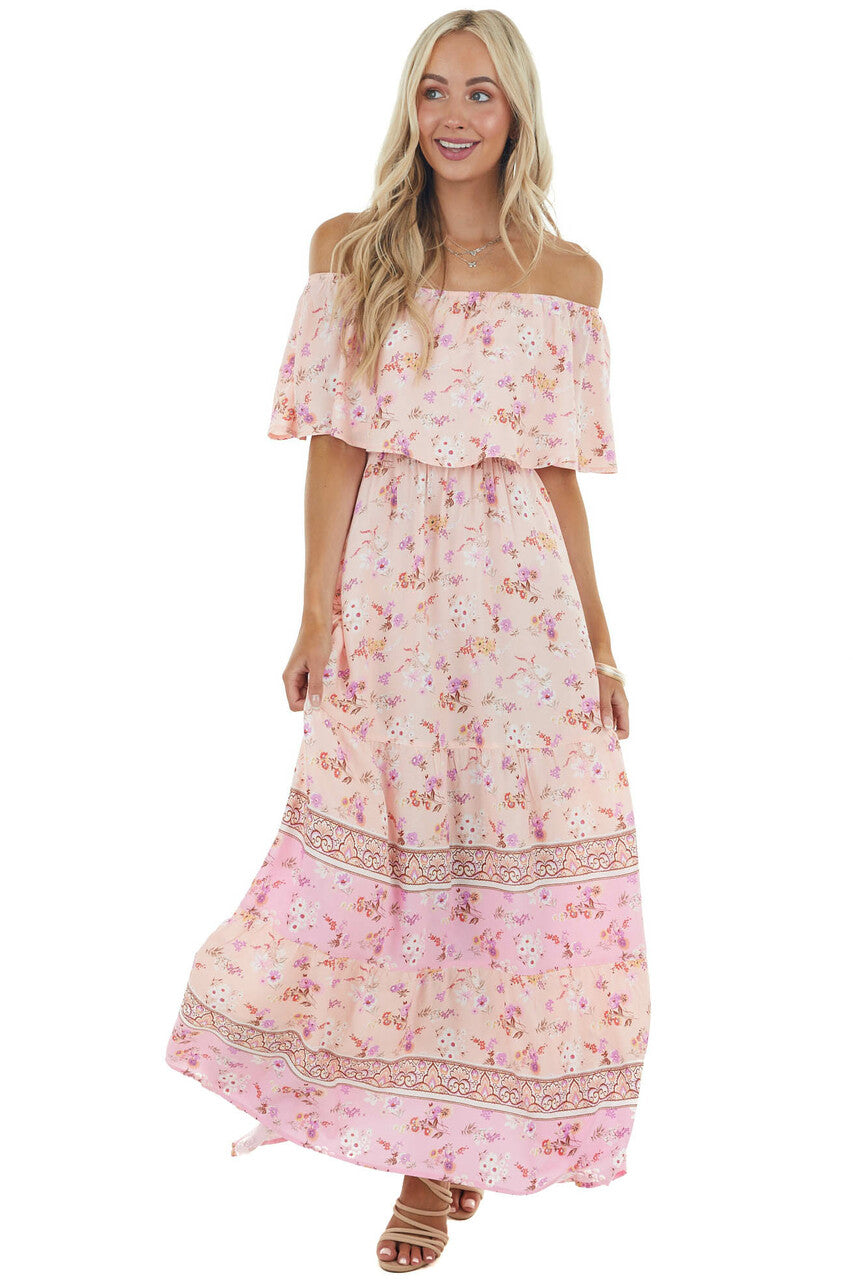 Light Peach Floral Print Off Shoulder Woven Maxi Dress
