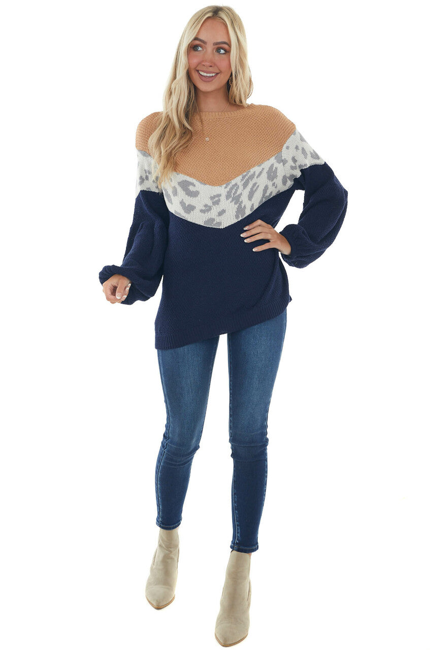 Chevron Leopard Colorblock Long Sleeve Sweater