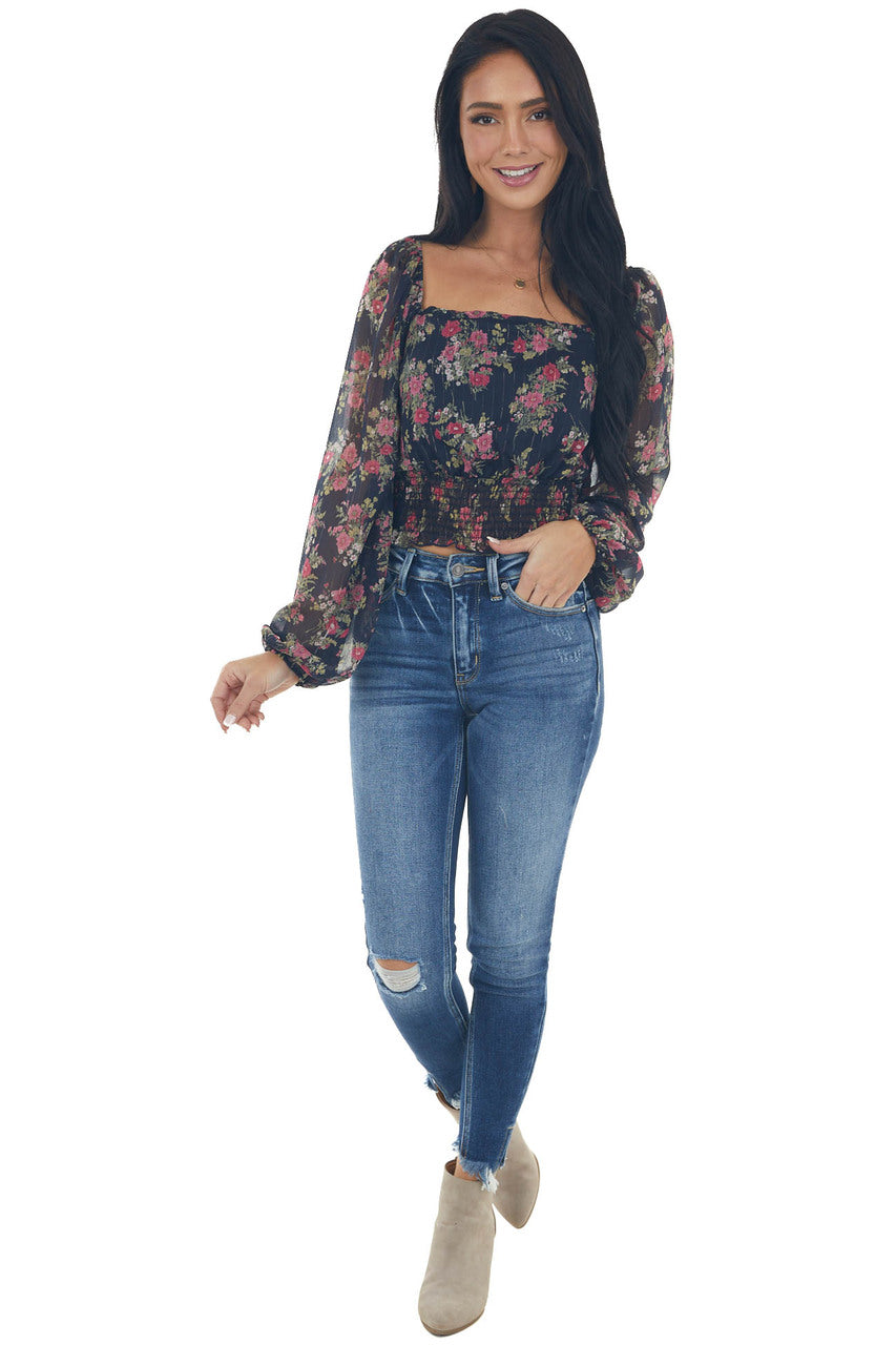 Dark Navy Floral Sheer Bubble Sleeve Crop Top