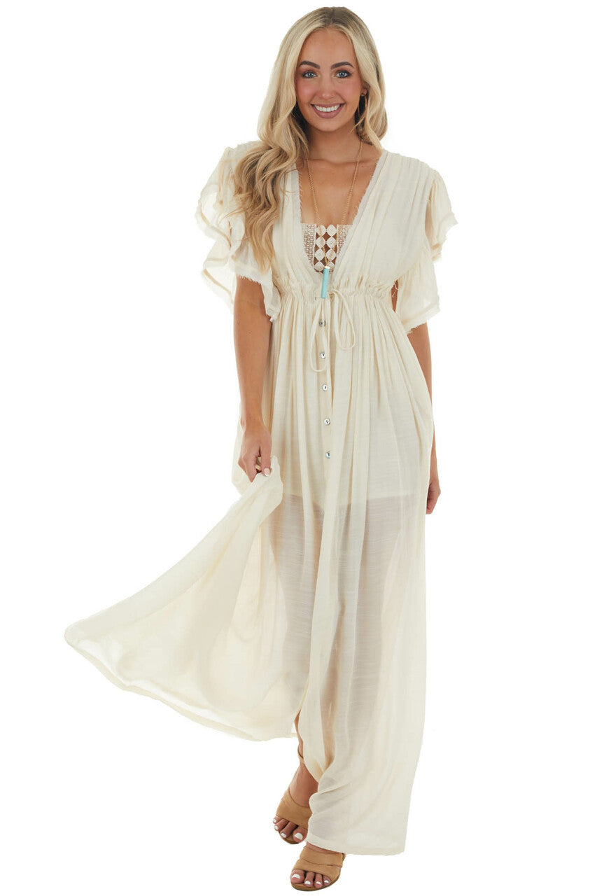 Cream Button Front Plunging V Neck Maxi Dress