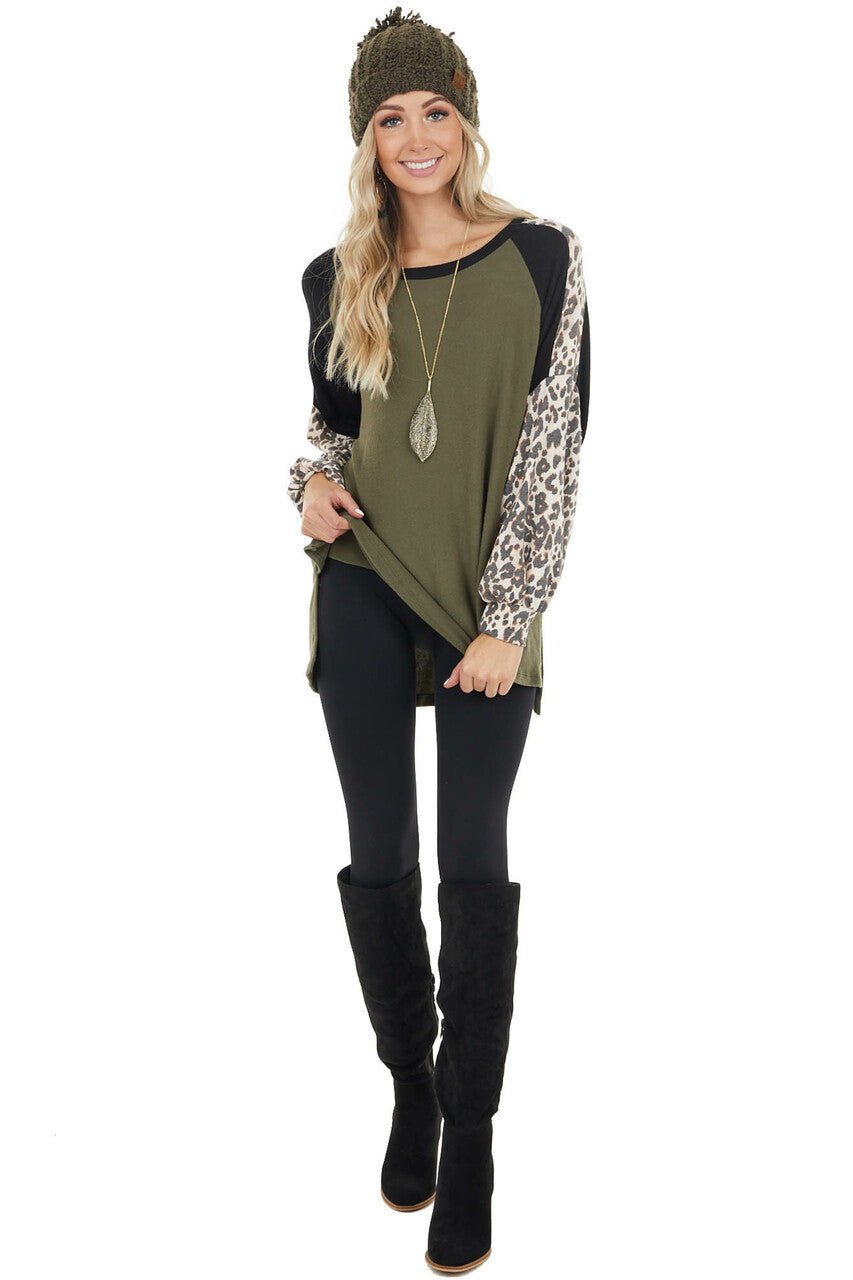 Olive Leopard Print Colorblock Long Sleeve Loose Fit Top