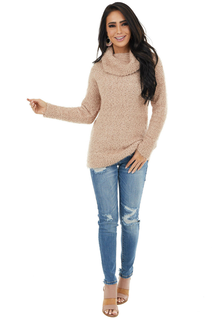 Light Mocha Fuzzy Stretchy Knit Sweater with Turtleneck