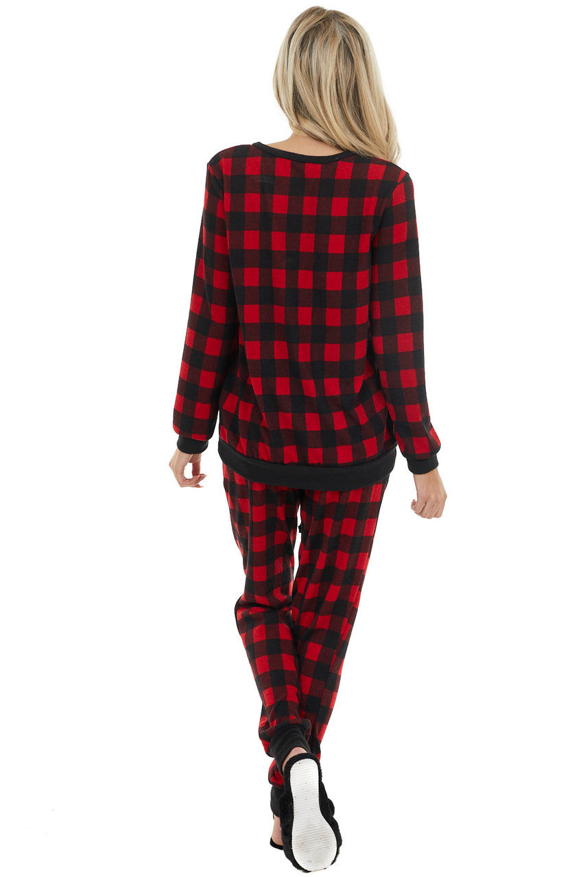 Cranberry Red and Black Buffalo Plaid Long Sleeve Knit Top