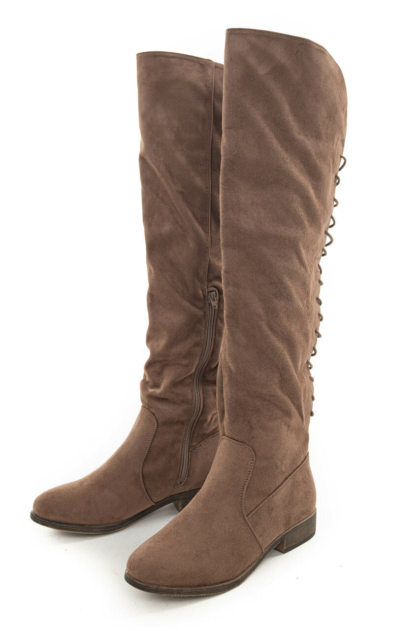 Taupe Faux Suede Knee High Back Lace Up Boots