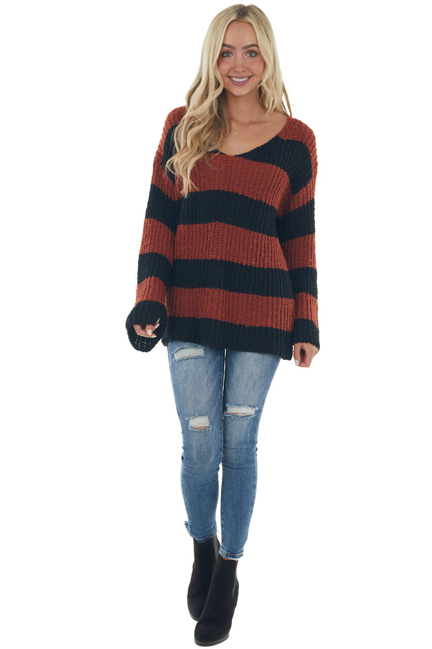 Rust and Black Striped Soft Knit Sweater 