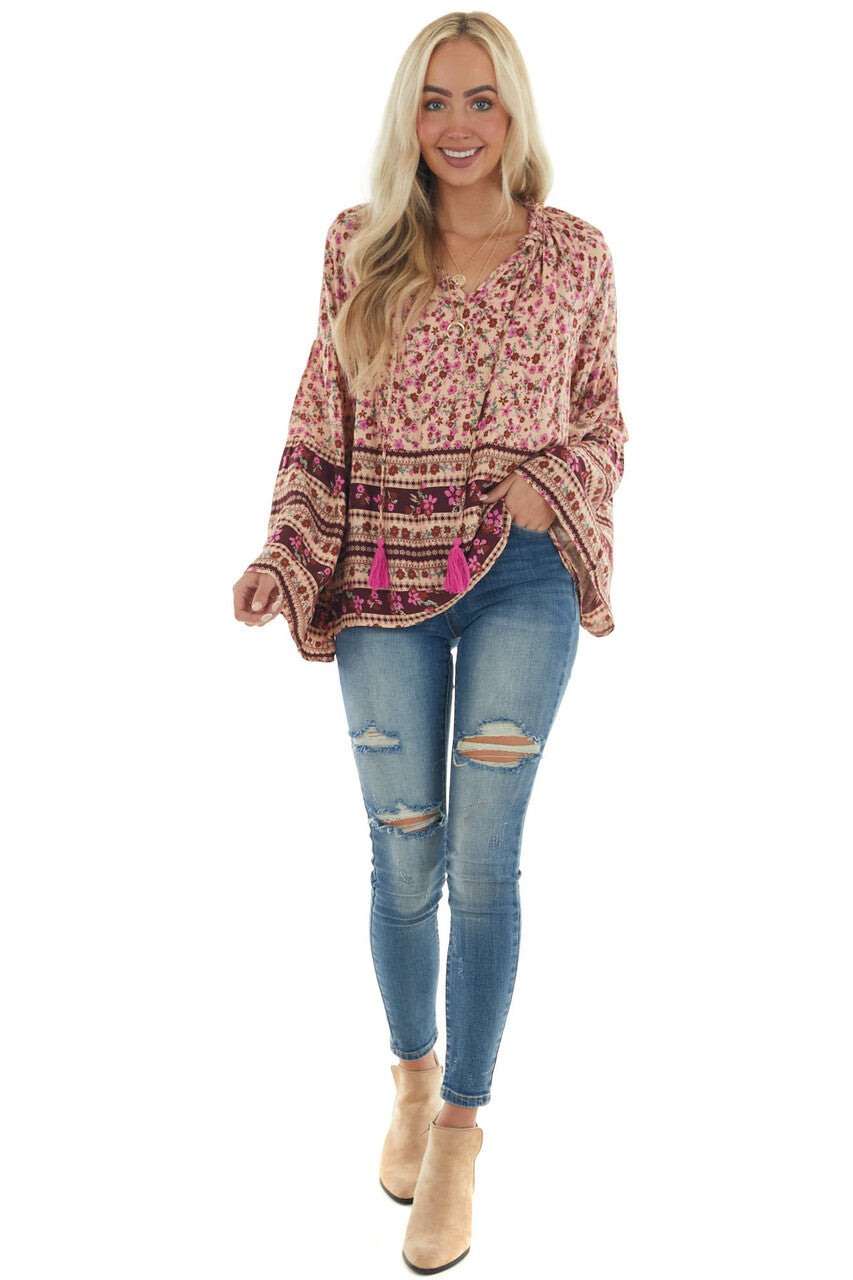 Beige Printed Bell Sleeve Top with Tassel Tie