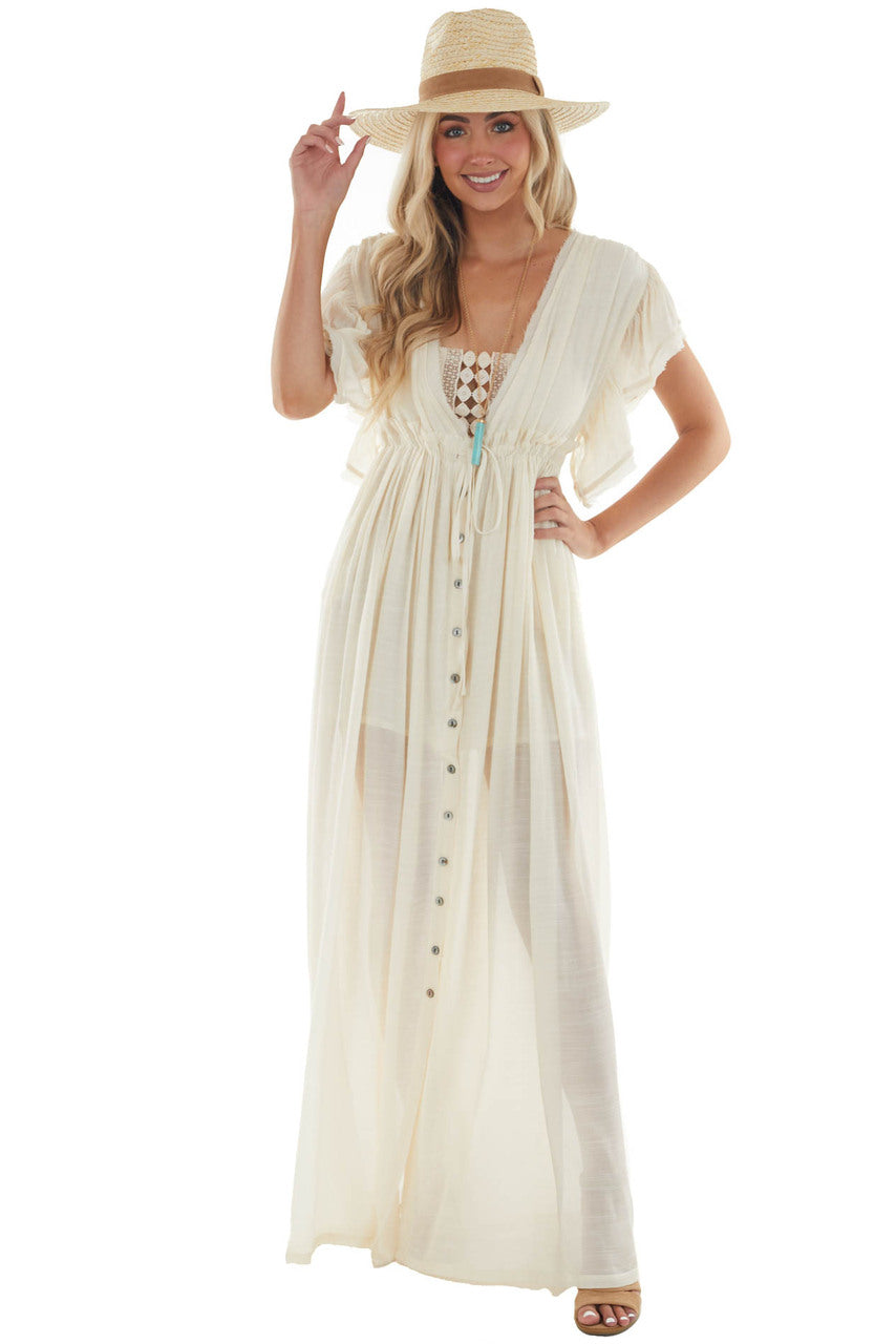 Cream Button Front Plunging V Neck Maxi Dress