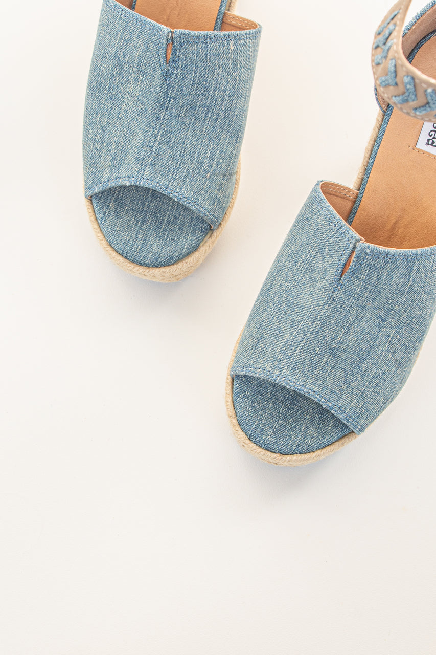 Denim Open Toed Espadrille Wedge with Ankle Strap