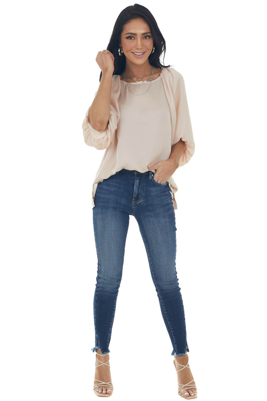 Tea Rose Puff Sleeve Blouse with Side Slits 