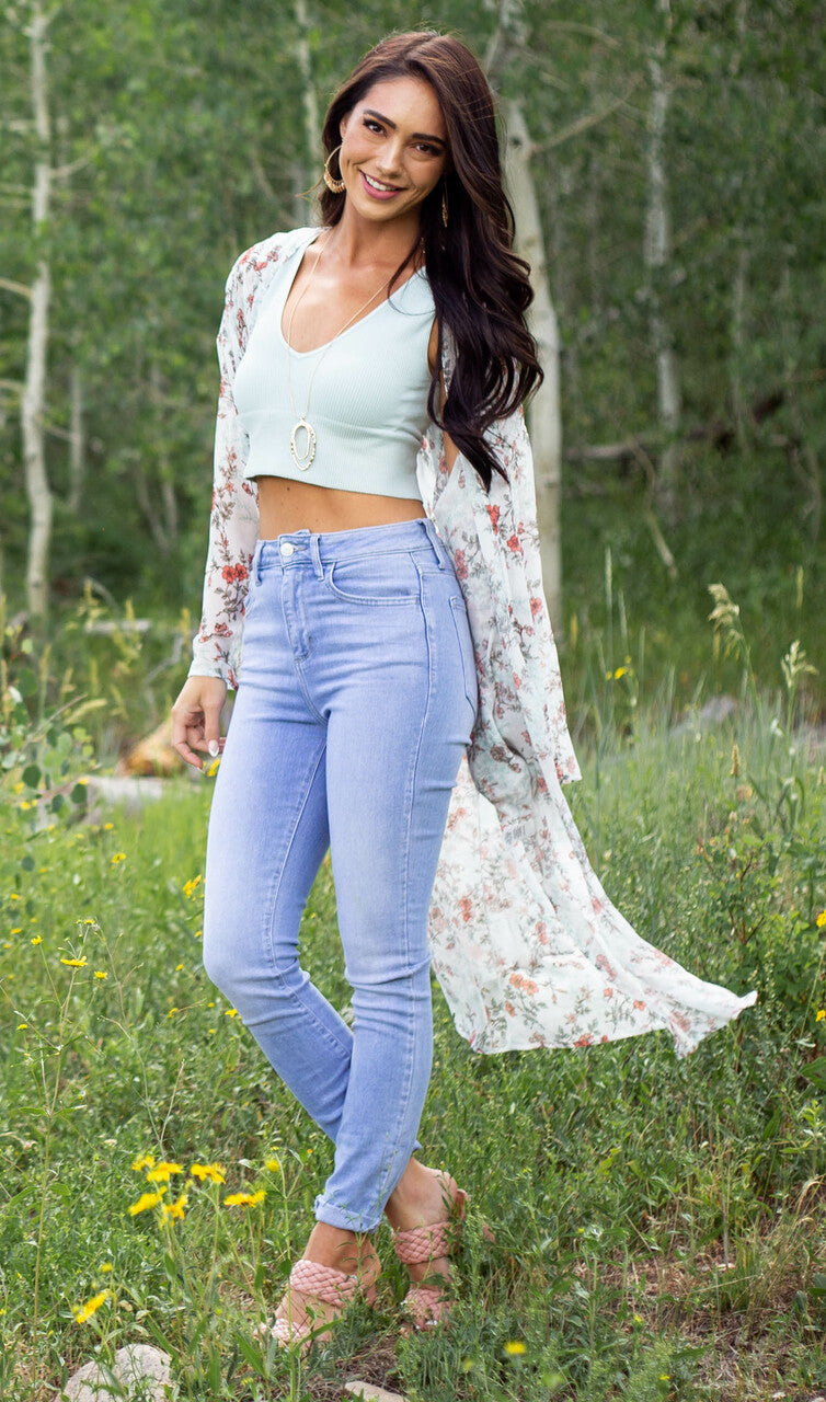 Off White Floral Print Long Sleeve Kimono 